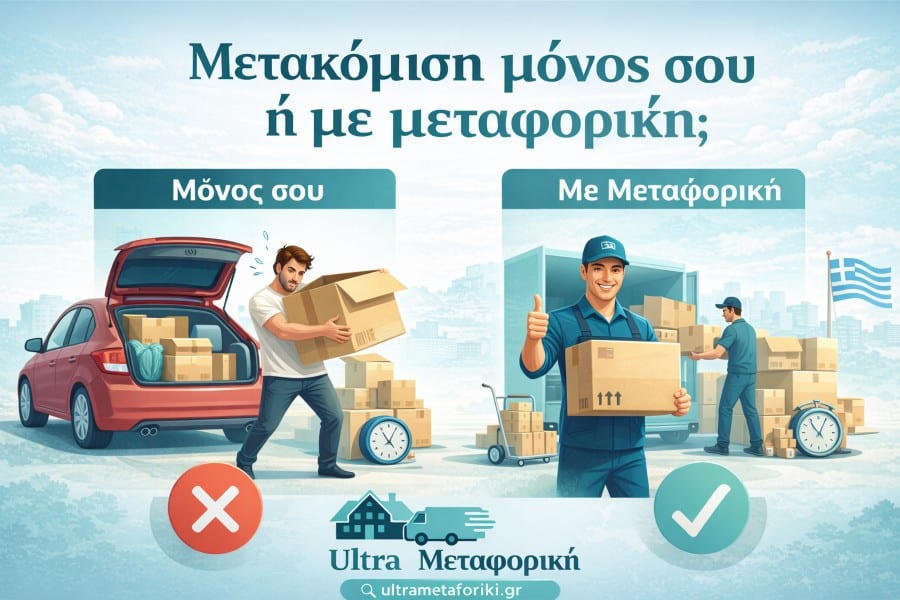 Μετακόμιση με φορτηγό και άτομα που μεταφέρουν έπιπλα σε σπίτι